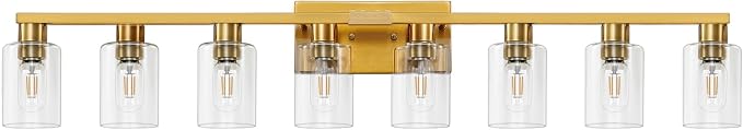 8 Light Bathroom Vanity Light Gold Bathroom Light Fixtures Brass Vanity Lights for Bathrrom 46 in Large Wall Sconce Brush Gold with Clear Glass Shade for Living Room