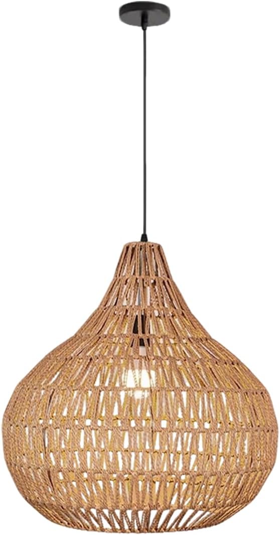 Pendant Light Fixtures Black Boho Chandelier 15.7-inch Rattan Shade Dome Light Fixtures Mid Century Farmhouse Pendant Lamps for Dining Room Kitchen Island Over Table, 1-Light