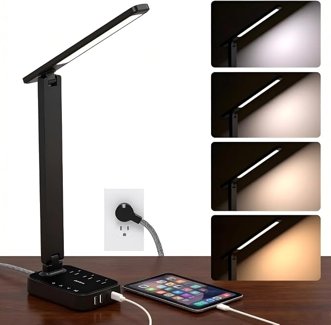 Addtam LED Desk Lamp, Power Strip with 3 Outlets 4 USB Charging Ports(2 USBC), 4 Modes 5 Level Brightness Touch Lamp, Small Desk Lamp for Home Office College Dorm Room Essentials, 10 FT