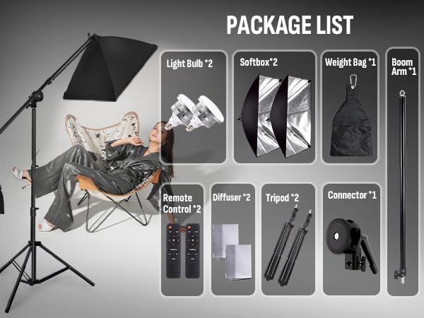 NiceVeedi 85W Photography Lighting, 2-Pack 20'' x 28'' Professional Softbox Lighting Kit with 53'' Boom Arm & 91'' Tripod Stand, Remote Control, Studio Lights for Live Streaming/Portrait/Photography