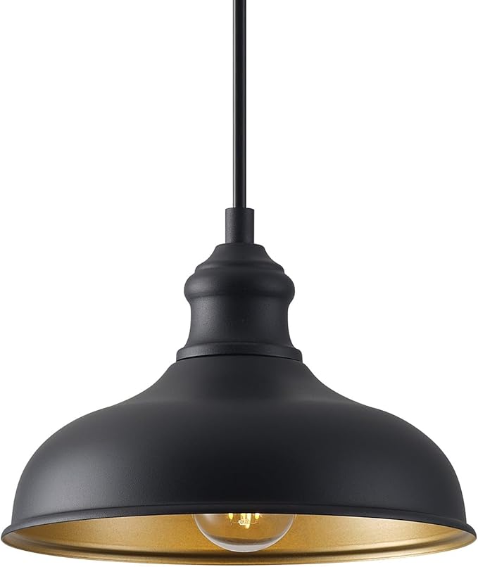 10in Dome Outdoor Pendant Barn Lights Black Kitchen Island Pendant Lamp with Brass Interior, Hallway Porch Ceiling Hanging Lights, Farmhouse Style Indoor Pendant Fixture for Home, Adjustable
