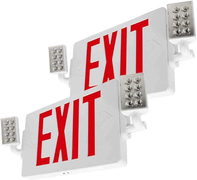 LFI Lights® Thin COMBO UL 924 Listed, Red LED, Exit Sign with Emergency Lights, White, 120-277VAC Hardwired with Battery Backup, Optional Double Face and Knock Out Arrows COMBOTRWBB (2)