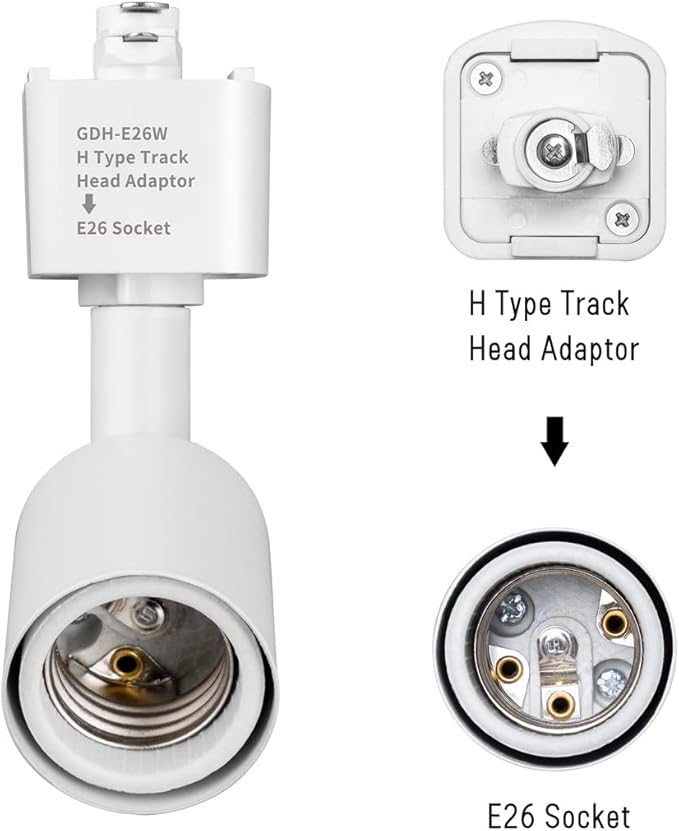 mirrea H Type Track Lighting Head to E26 Medium Screw Base Adapter Light Direction Adjustable Pack of 6 (White)