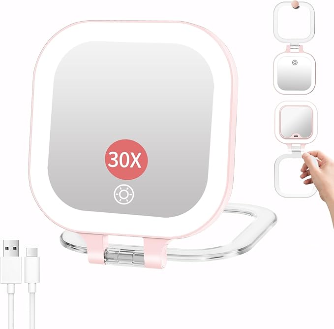 FUNTOUCH Travel Makeup Mirror with Light, 1X/30X Magnifying with 3 Light Settings & Adjustable Brightness,Rechargeable Folding Compact Double Sides Mirror for Home and Travel, Soft Pink