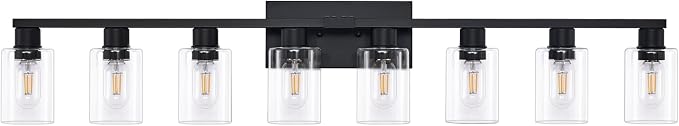 8 Light Bathroom Vanity Light Black Vanity Light Fixtures Bathroom Lights Fixtures Over Mirror Large Wall Lights with Clear Glass Shade for Bedroom Living Room Makeup