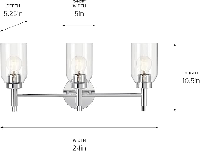 Kichler Madden 3-Light Bathroom Vanity Light, Chrome | Modern vanity light with clear glass for single bathroom mirrors (24" x 10.5"), 55185CH