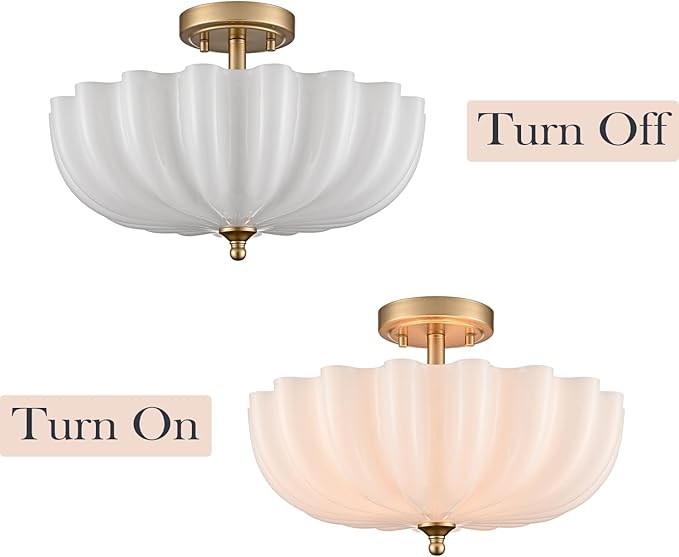 Modern Gold Semi Flush Mount Ceiling Light with Milky Flower Glass | Brushed Brass Ceiling Light with Scalloped Shade Close to Ceiling Light Fixture for Living Room Bedroom Entryway