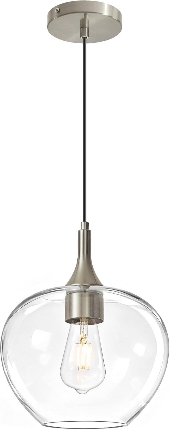 9.45in Nickel Pendant Lights Kitchen Island with Clear Glass Shade 1Pack | Handcrafted Glass Pendant Light Fixtures, UL Certified, E26 Base 100W Max, Height-Adjustable, Dimmable Hanging Pendant Light