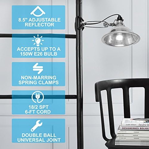 Simple Deluxe Clamp Lamp Light with 8.5 Inch Adjustable Aluminum Reflector and 6 Feet Cord, up to 150W E26 Socket (no Bulb Included), Silver and Black