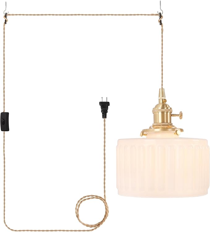 Plug in Pendant Light Hanging Light Fixtures with Plugin Cord On/Off Switch,White Striped Glass Lampshade Brass Pendant Light