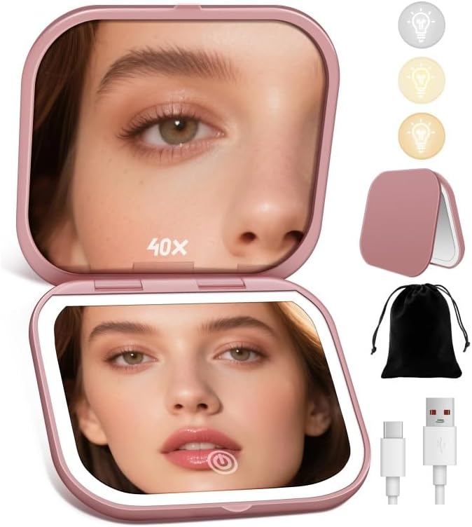 Magnifying Mirror with Light, Rechargeable 40X Compact Mirror with 3 Lighting Modes & Dimmable Brightness, Portable Travel Makeup Mirror with Light, Essentials for Travel, Pocket Purse Rose