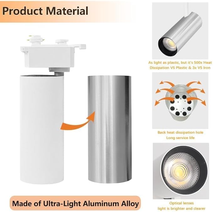 White LED Track Lighting Heads (No Track Rails), 2-Lights 20W Dimmable Track Lights Head Suitable for H Type Rails 6000K Cool White Ceiling Spotlight Fixture for Indoor Home Commercial