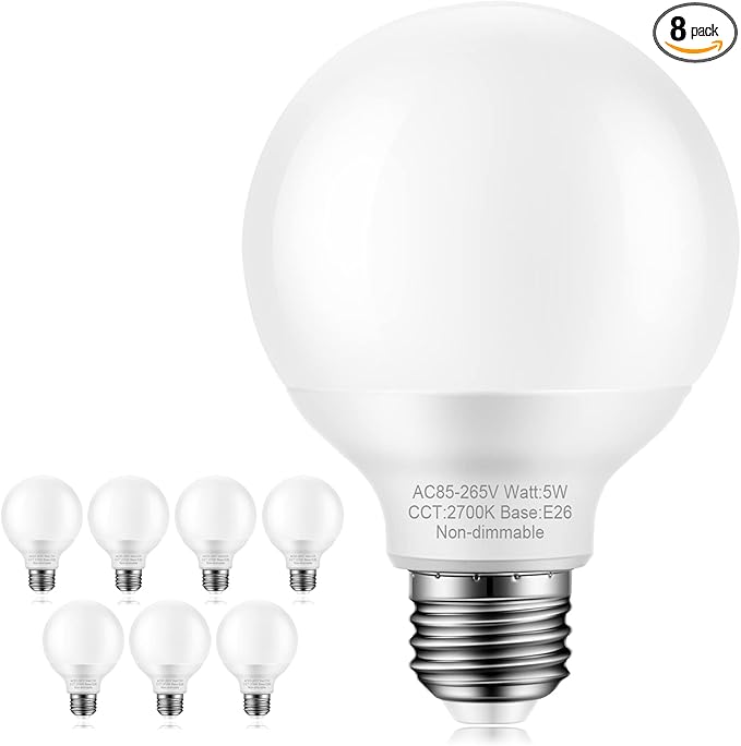 8 Pack Warm White Bathroom Light Bulbs, 60 watt Equivalent, E26 Medium Base, G25 LED Globe Light Bulbs for Bathroom Vanity, 2700K Round Light Bulb Over Mirror, 120V, Non-dimmable