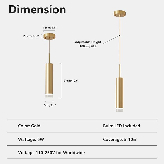 KCO Lighting Long Tube Pendant Lights Kitchen Island Small Gold Pendant Light Mini Cylinder Pendent Lights Industrial Mid Century Modern Hanging Light Bushed Brass Living Room Light 3 Pack