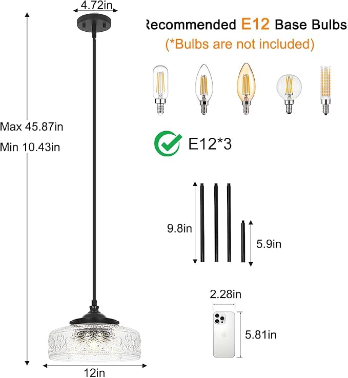 Black 3-Light Pendant Light with 12in Glass Shade, Farmhouse Pendant Lights Kitchen Island, Adjustable Hight & Angle Bathroom Pendant Ceiling Hanging Light Fixtures for Home Bedroom Hallway, 3*E12
