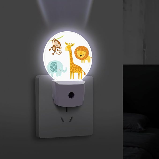 Round LED Night Light,Cute Jungle Animal LED Night Light Plug into Wall with Dusk to Dawn Light Sensor White Energy Efficient Nightlight for Bedroom Bathroom Hallway Living Room Kitchen