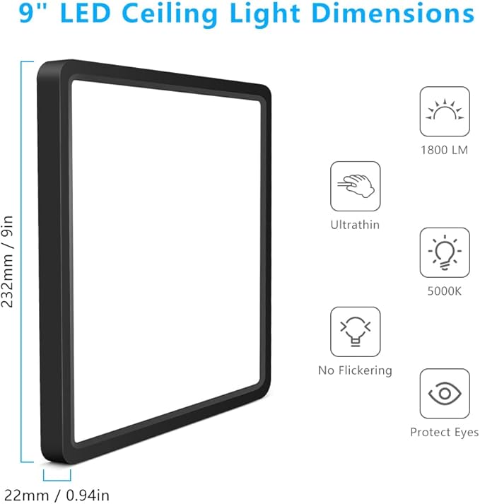 9Inch 18W Square LED Ceiling Light Fixtures Flush Mount, 5000K Daylight White LED Ceiling Lamp, Surface Mount Modern Ceiling Lights, Black Slim Flat Panel Lighting for Bedroom, Kitchen, Bathroom Etc