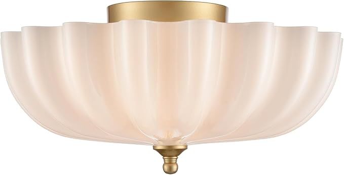 Modern Gold Ceiling Light Fixture with Milky Glass Shade | Brass Bedroom Flush Mount Ceiling Light for Entryway Bathroom Living Room Flower Scalloped Shade