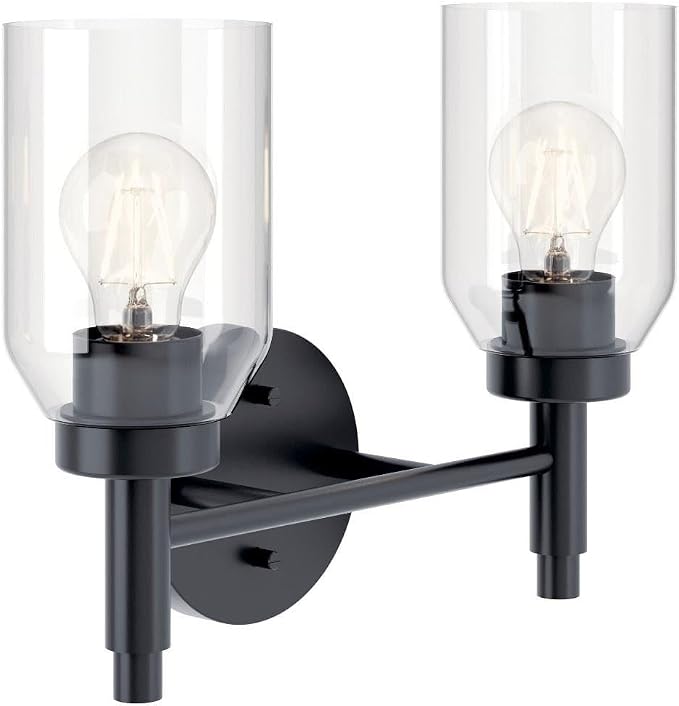 Kichler Madden 2-Light Bathroom Vanity Light, Black | Modern vanity light with clear glass for single or double bathroom mirrors (14.25" x 10.5"), 55184BK