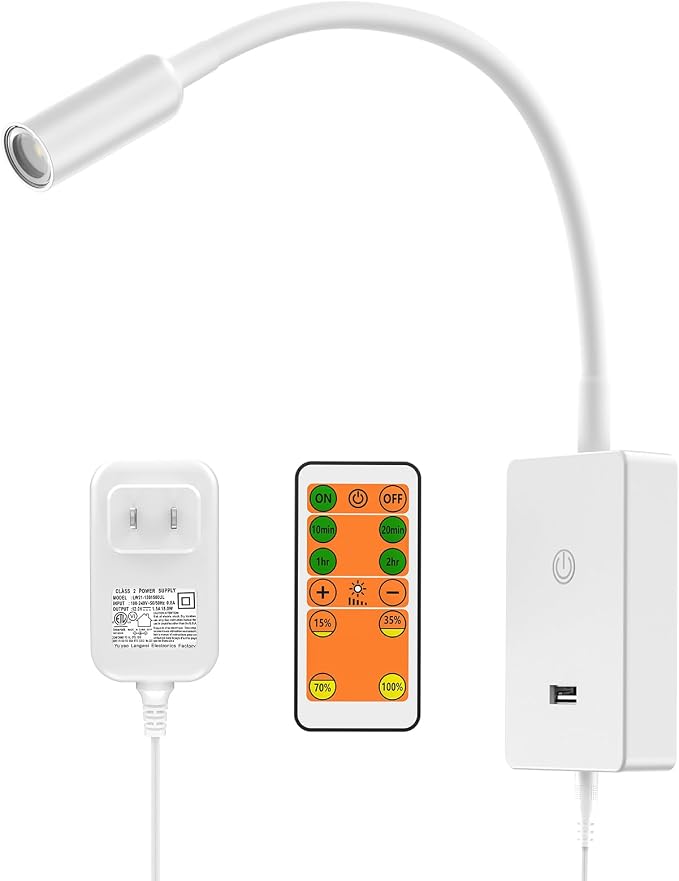 LED Wall Mounted Bedside Reading Light with Wireless Remote Control, White Flexible LED Bedroom Wall Spot Lamp, Dimmable Neutral White 4000K Lighting, Timer Function, 5V2A USB Output