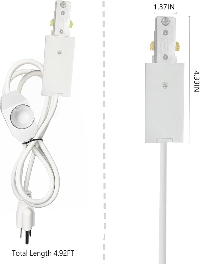 Track Lighting Live End Cord with Inlne Dimmer Switch, 4.92FT H Track Live End Feed Connector, Suitable for H Type Single Circuit 3-Wire-1 Track Lighting Systems