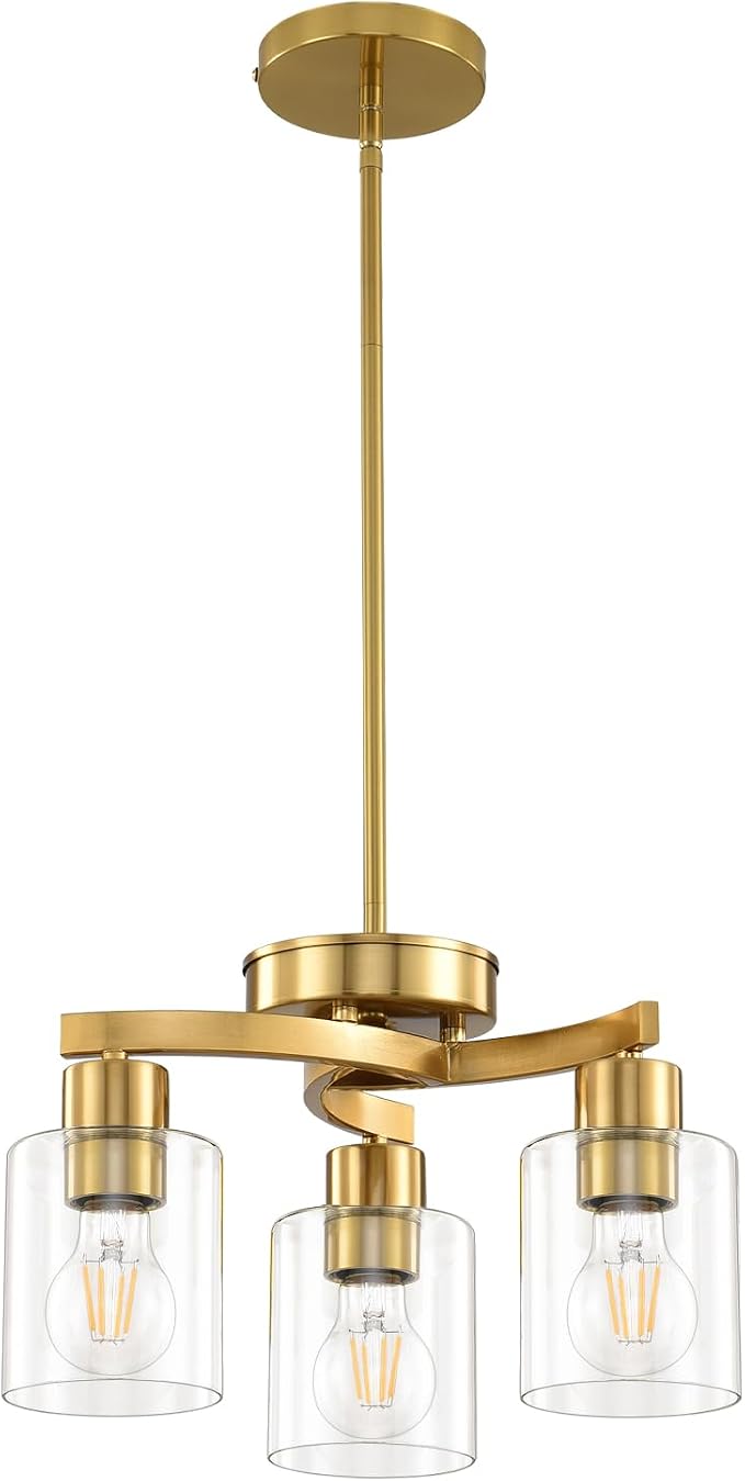 3 Light Brass Gold Dining Room Chandelier, Modern Industrial Pendant Light for Kitchen Island, Adjustable Height Hanging Ceiling Light Fixture with Clear Glass Shades,E26 Base,Dimmable