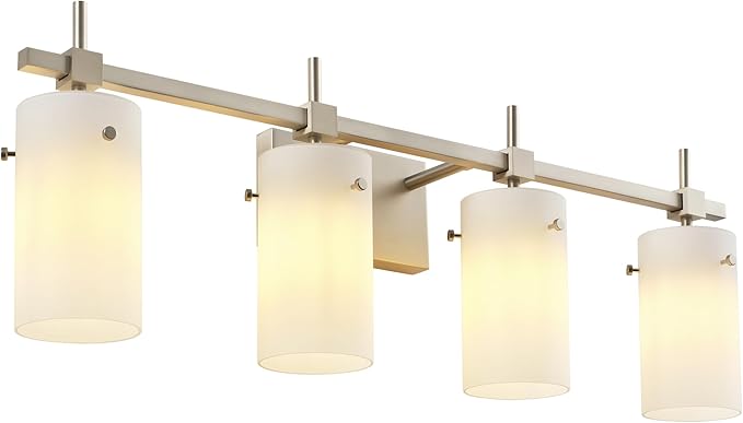 SOLFART 4 Light Bathroom Vanity Lights Over Mirror, Vintage Bathroom Lighting Brushed Nickel Wall Sconce with Milky White Glass Shade