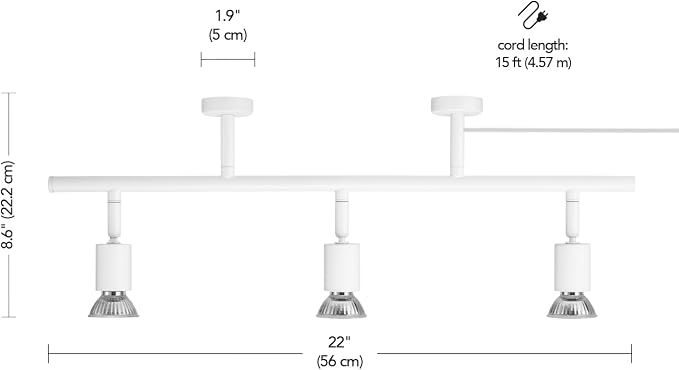 Globe Electric Plug-in Track Lighting, 3-Light Adjustable Track Bar, Matte White 22-Inch Fixture with 15-Foot Cord, Modern Ceiling Light for Apartments & Rentals