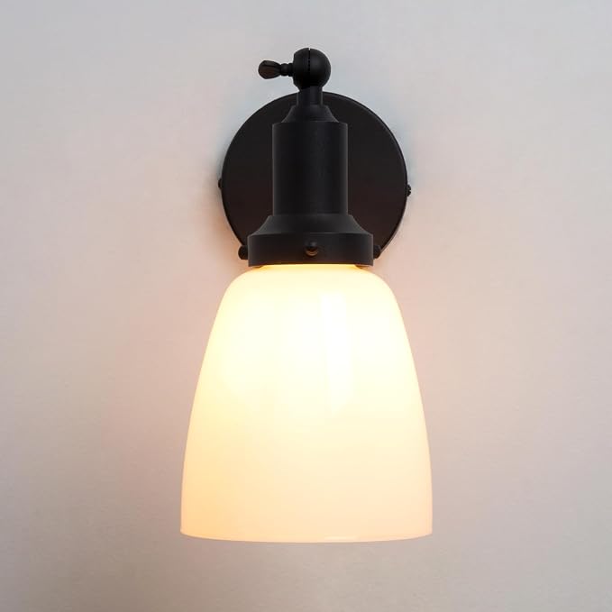 Industrial Vintage Slope Pole Single Sconce with 5.5" Oval Dome White Glass Shade Black Wall Sconce Wall Mount Light Lamp Fixture
