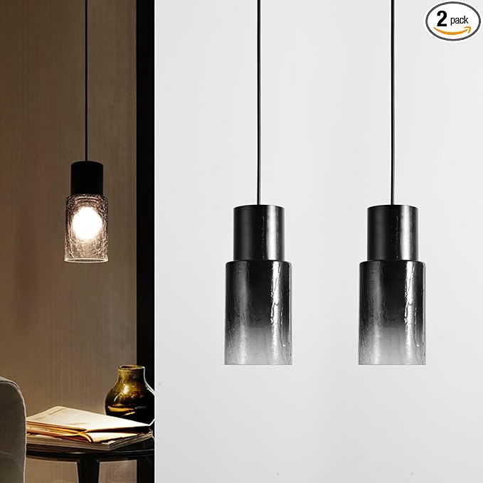 DUHU Glass Pendant Lights Kitchen Island,Modern Black and Wood Pendant Light 2pack,Vintage Pendant Lamp E26 for Bedroom,Over Sink,Dinning Table,Bar,Farmhouse,Hallway