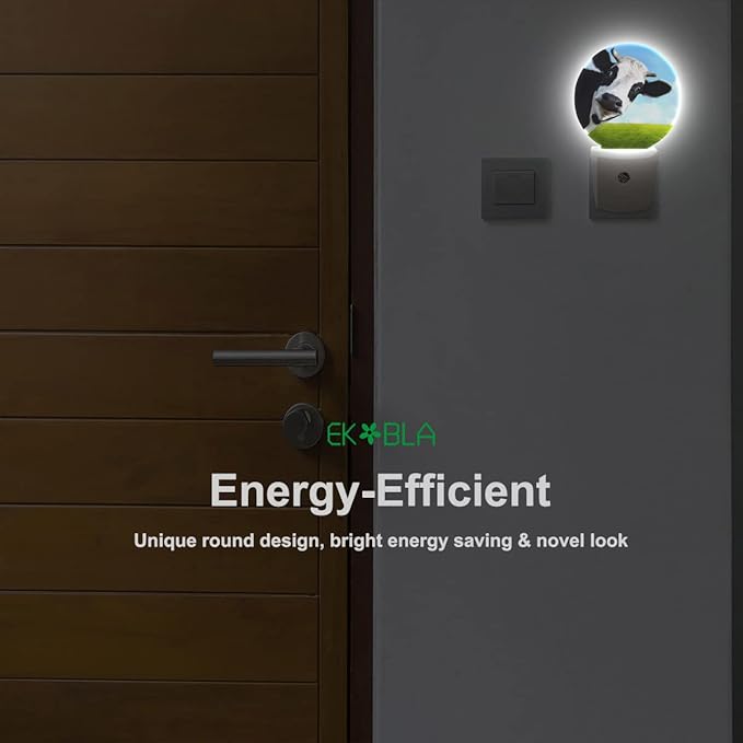 EKOBLA Milk Cow Night Light Farm Animal Black and White Cow Green Grass Blue Sky Night Lights Plug into Wall Auto on/Off Led Nightlight for Bedroom Bathroom Living Room Kitchen Hallway