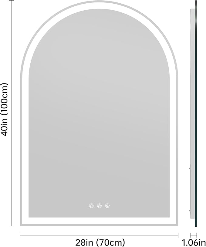 Arched Bathroom Mirror with Lights 40"x28"- Frameless LED Mirror for Bathroom, Fogless, Dimmable, 3 Color Changing, Shatterproof, Touch Sensor