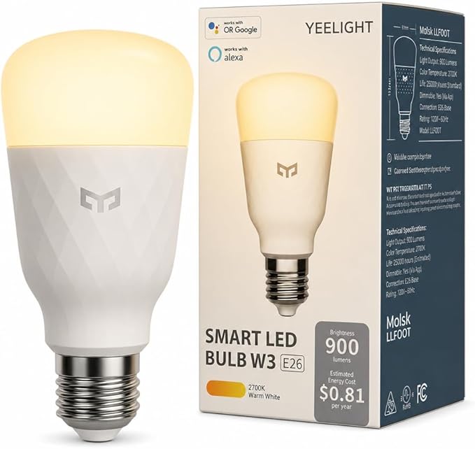 YEELIGHT Smart Light Bulbs, 2700K Warm White 900LM Dimmable LED Light Bulb 60W Equivalent, Schedules & Timer, Mi Home APP Control, WiFi & Bluetooth LED Bulbs Compatible with Alexa and Google, 1 Pack