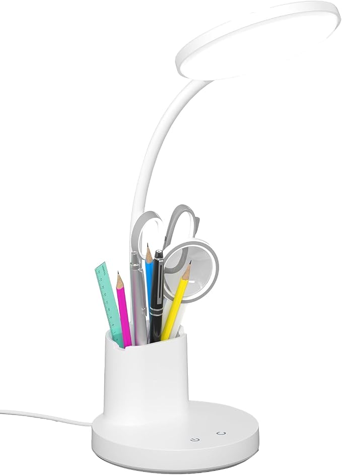 LED Desk Lamp for College Dorm with Pen Phone Holder, White | 3 Color Modes Dimmable Desk Light, College Dorm Essentials, 360° Adjustable Arm, Eye-caring Bedside Reading Lamp, 800 Lumen
