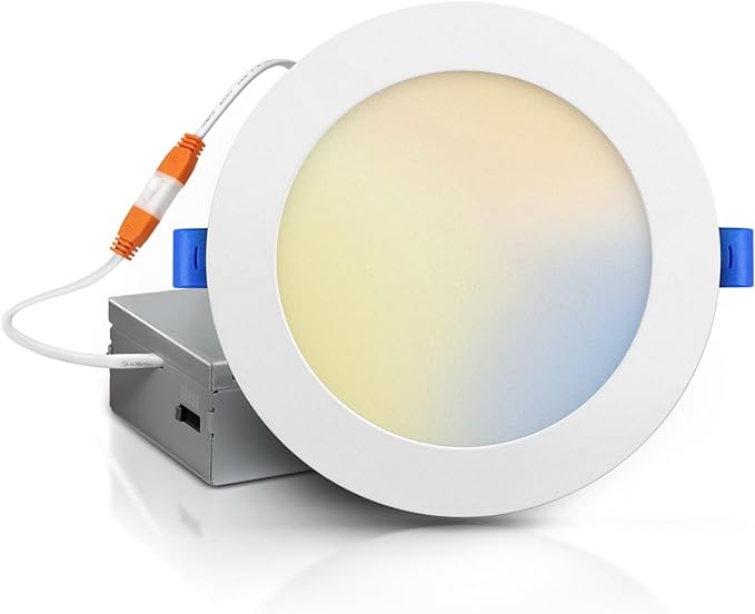 ECOELER 6 Inch 5CCT Ultra-Thin LED Recessed Ceiling Light with Junction Box, 2700K/3000K/4000K/5000K/6000K Selectable, 12W 1100Lm, Dimmable Canless Wafer Downlight, ETL&FCC Approved