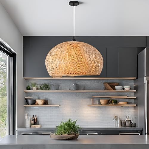 23.6" Bamboo Chadelier,Rattan Pendant Light | Hand Woven Bamboo Chandelier,23.6" Boho Wicker Hanging Light for Kitchen Island Dining Bedroom Living Room Restaurant