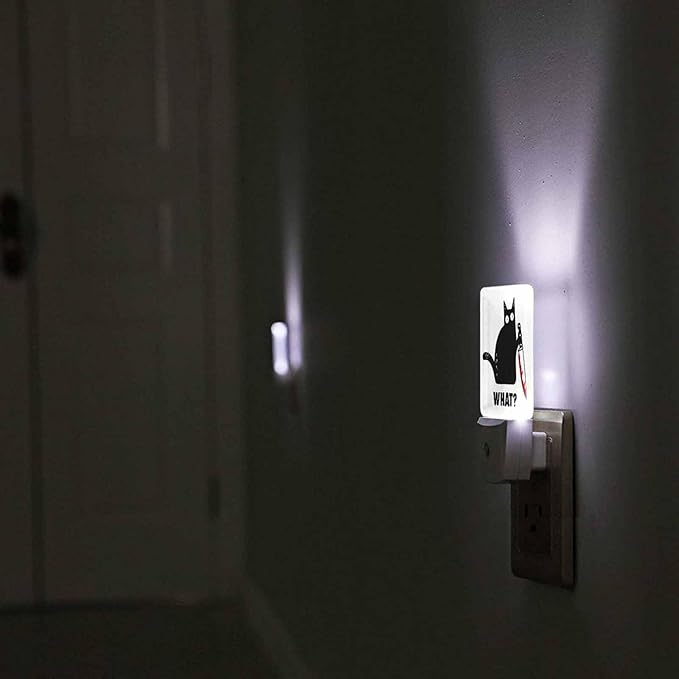 LED Night Light,Black Cat and Knife What LED Night Light Plug into Wall with Dusk to Dawn Light Sensor White Energy Efficient Nightlight for Bedroom Bathroom Hallway Living Room Kitchen