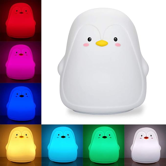 Penguin Night Light, USB Rechargeable Silicone LED Night Light for Kids , Multicolor Cute Nursery Night Lights with Warm White and 7-Color Breathing Mode,Christmas Gift for Kids Baby Children Bedrooms