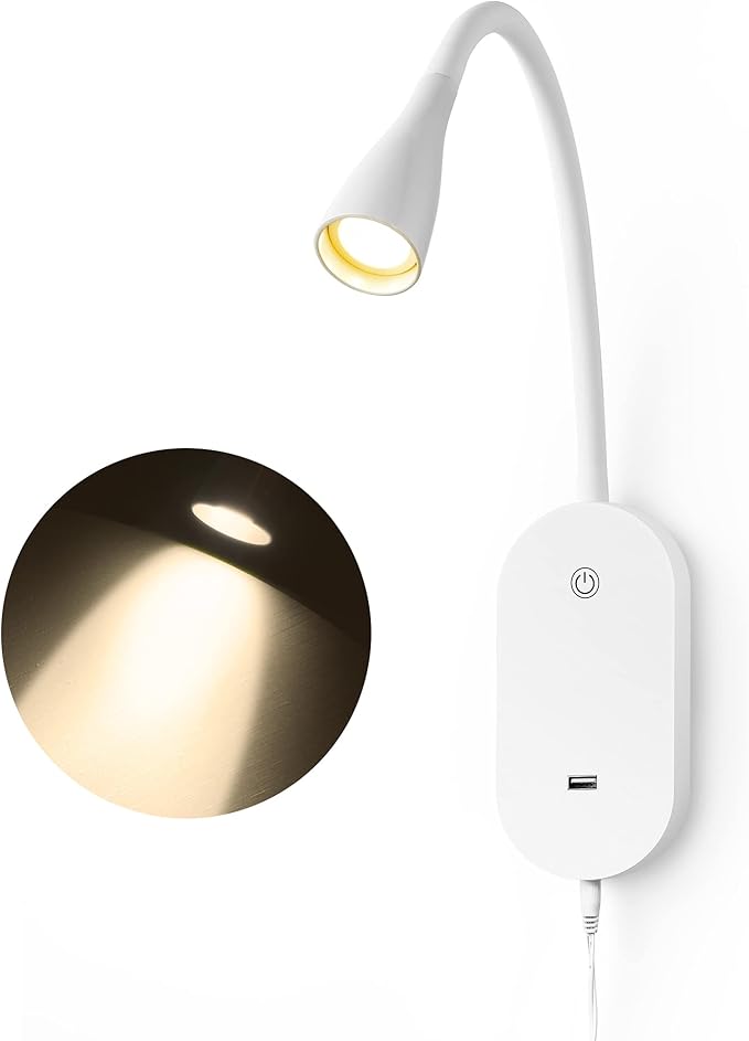 Wall Reading Light for Bed, Book Light with CRI 95+ for Eye Care, 4 Color Modes, 5 Dimmable, 2A USB Output, Memory Function, 4-Hour Auto Off, 360° Swivel Head Bed Headboard Reading Lamp White