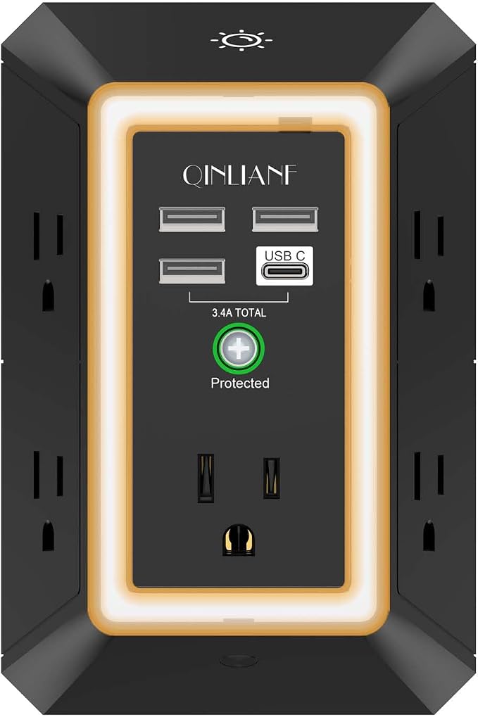 3-Sided Surge Protector Power Strip - QINLIANF Multi Plug Outlet with 5 Outlet Extender and 4 USB Ports(1 USB-C) and Night Light, USB Wall Charger for Home, Office, Travel, ETL Listed, Black
