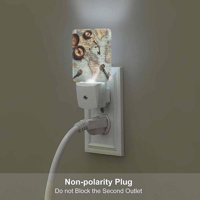 Pirate World Map Night Light Vintage Key Antique Compass Plug into Wall with Dusk to Dawn Light Sensors 0.5W Warm Nightlights for Bedroom Bathroom Hallway