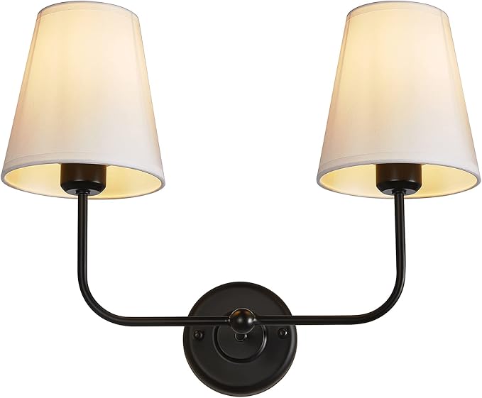 Double Light Wall Sconce with White Fabric Tapered Shades, 2-Light Black Sconce for Bathroom Vanity Hallway Stairway Living Room