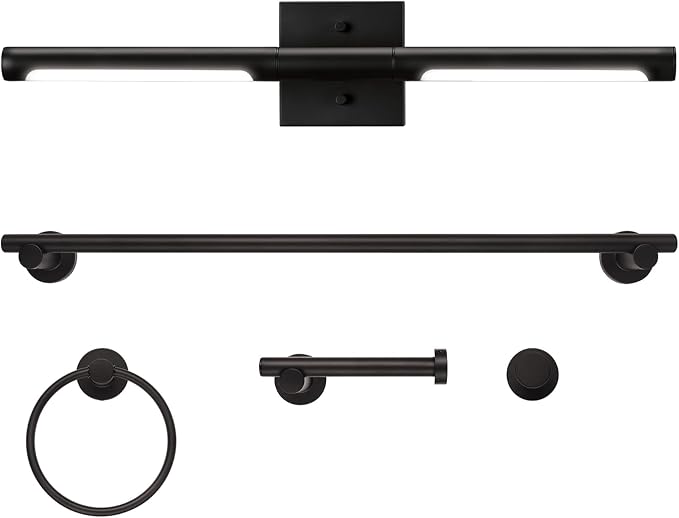 Globe Electric 63000203 5-Piece All-in-One Bathroom Set, 2-Light LED Vanity Light, Matte Black, 1200 Lumen, Towel Bar, Robe Hook, Toilet Paper Holder, Towel Ring, Bathroom Lights Over Mirror