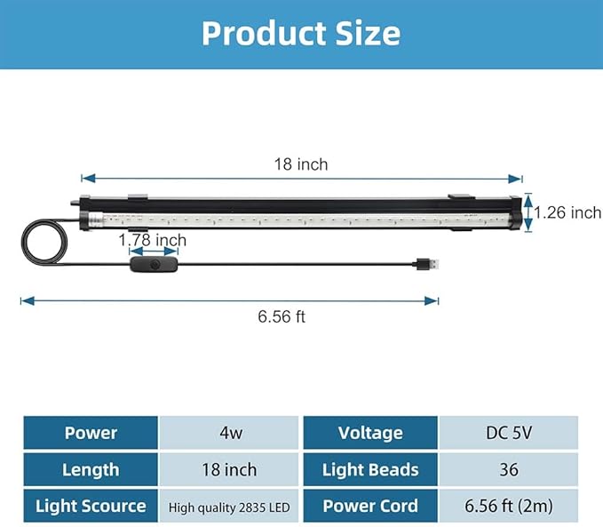 Submersible Aquarium Light 18Inch Fish Tank Light Bubbler Wall with Air Bubble Hole IP68 Waterproof Color Changing Led Light for Freshwater and Saltwater Aquariums Fish Tanks