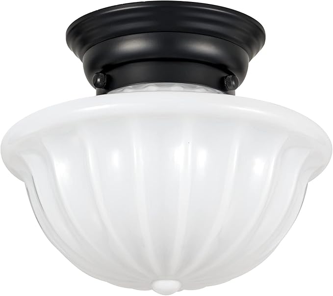 Black Schoolhouse Light Fixture Ceiling, 9 Inch Hallway Semi Flush Mount Ceiling Lighting, White Milk Glass Ceiling Lights Mid Century for Bedroom, Kitchen, Entryway