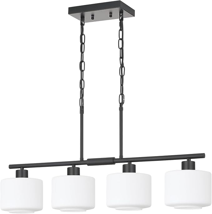4-Light Kitchen Island Lighting, Modern Black Linear Dining Room Chandelier Light Fixtures with Milk Glass and Chain, Farmhouse Hanging Lights for Kitchen Island Dining Room, OS-YQ8153-4ISBKW