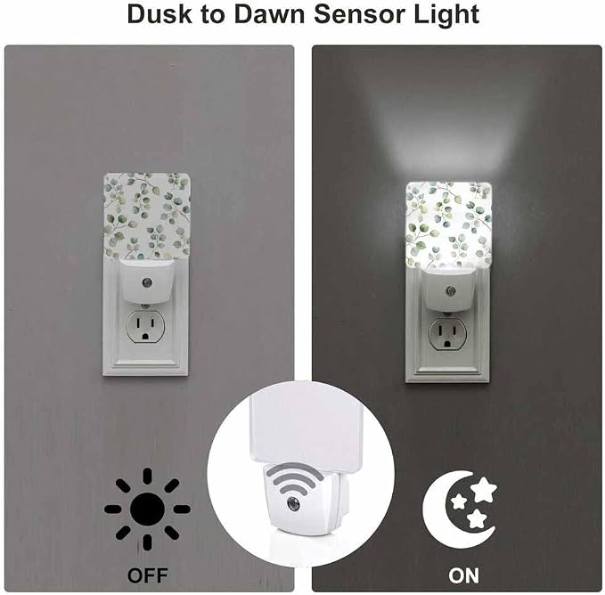 Green Leaves Night Light Plug-into Wall Eucalyptus Round Leaved Branches Nightlight Lamp with Dusk to Dawn Sensor, Led Lamp 0.5W Energy Efficient for Home Decor