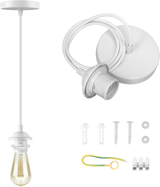 White Pendant Light Kit, Vintage Hanging Light Kit, Hardwired Lamp Kit | E26 E27 Ceiling Pendant Light Fixture, Adjustable Lamp Socket Pendant Light Wiring Kit Ceiling Light Kit, No Bulb