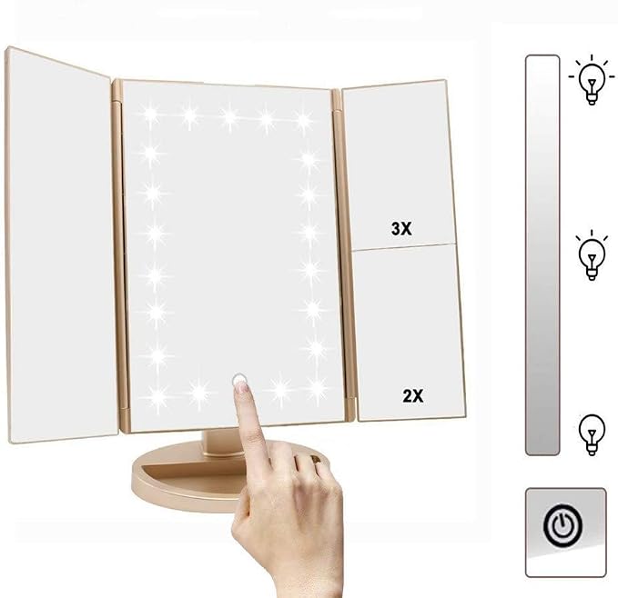 Infitrans Trifold Makeup Mirror Vanity Mirror with Lights,1X 2X 3X Magnification,Touch Control,Adjustable Rotation,Dual Power Supply,Portable Travel Cosmetic Mirror,Birthday Gifts for Women,Teengirls