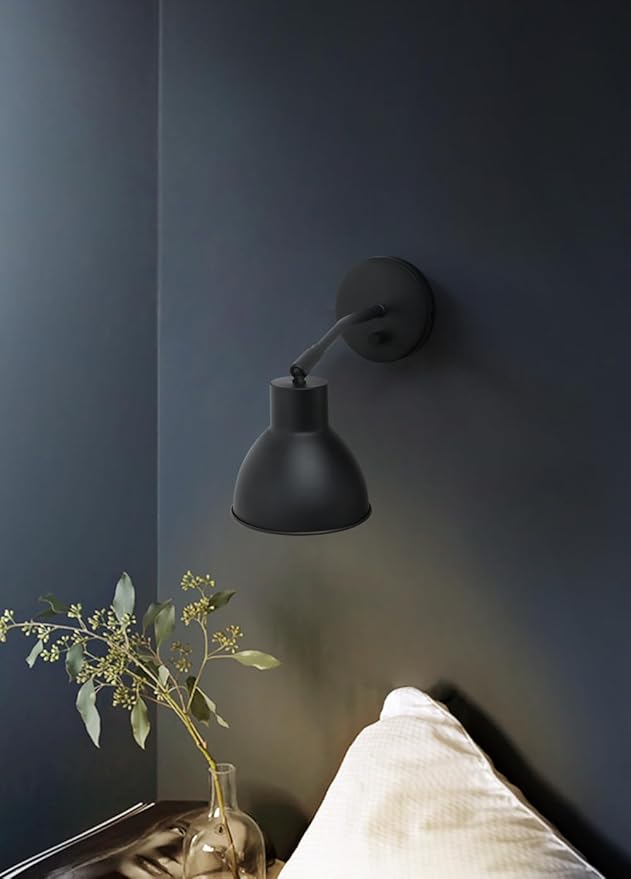 Yosoan Indoor Bedside Wall Sconce, 1-Light Vintage Industrial with Dimmable Switch 340 Degree Adjustment Angle Mount Lamp with 5.7" Antique Bowl Metal Shade Build-in Gold Vanity(Black)